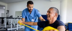 Physical therapy aids a fifty-year-old man in regaining his previous level of health and mobility. Through targeted exercises, interventions, and guidance from a skilled therapist, the man works towards restoring his physical condition, enhancing his quality of life and overall well-being.