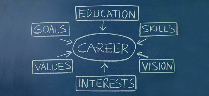 Illustration representing the multifaceted aspects of a career, including goals, education, values, interests, vision, and skills, emphasizing the holistic approach to career development.
