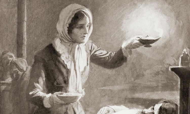 Florence Nightingale working in a hospital ward, demonstrating her commitment to patient care and nursing practice.