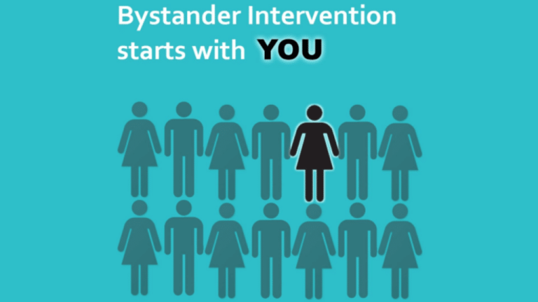 Graphic with text 'Bystander Intervention Month' overlaid on an illustration or background related to bystander intervention, highlighting the importance of taking action to support others and create safer communities.