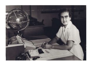 "Portrait of Katherine Johnson, born on August 26, 1918, in White Sulphur Springs, WV. Mathematician and space scientist known for her work at NASA's Langley Research Center. Her calculations were crucial for early space missions, including the trajectory for Alan Shepard's flight and John Glenn's orbit. Awarded the Presidential Medal of Freedom in 2015.