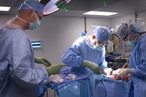 Photo of a team of surgical technologists working together in an operating room, preparing equipment and assisting surgeons during a surgical procedure.