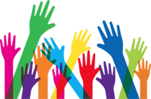 Image of a group of diverse, colorful hands coming together, symbolizing unity, diversity, and collaboration.