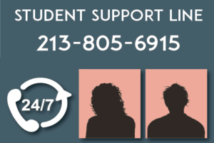 Illustration of a smartphone with the Student Support Line number, 213-805-6915, displayed on the screen, providing easy access to student assistance services.