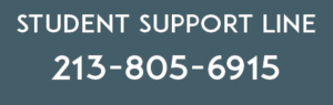 Graphic depicting a telephone receiver with the Student Support Line number, 213-805-6915, highlighted, offering immediate support for students in need.