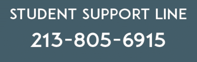 Graphic depicting a telephone receiver with the Student Support Line number, 213-805-6915, highlighted, offering immediate support for students in need.