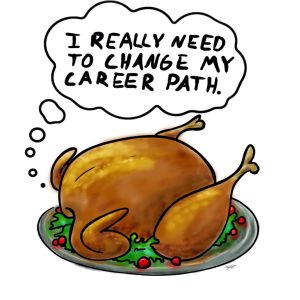 Cartoon illustration of a roasted turkey, symbolizing conquering your job search before Thanksgiving.