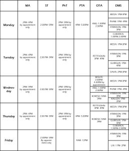 Image of a schedule for tutoring sessions in January 2017, listing dates, times, and subjects available for tutoring, facilitating academic support and learning opportunities.