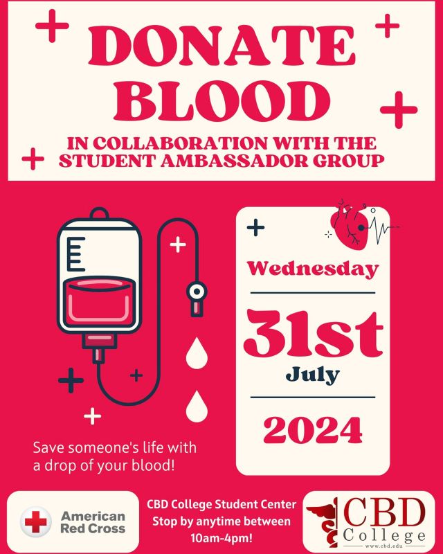 Giving a little can save a lot! 🩸 We are proud to donate blood with the Red Cross and help those in need!On July 31st in the Student Center, you have a chance to save a life 🏥 Please sign up for a slot at the link in our bio.  We greatly appreciate it!!#giveblood #redcross #savealife #cbdcollege